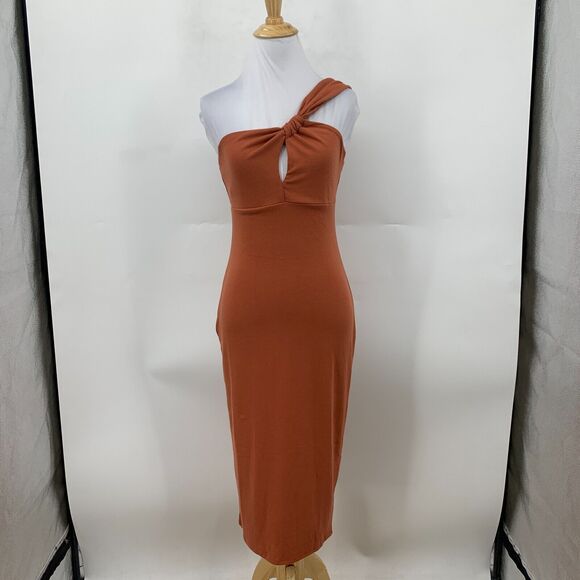 Lush One Shoulder Bodycon Dress Womens S Small Spice Twist Knot Midi Cutout - Picture 2 of 16
